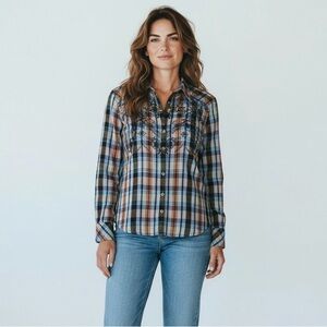 Free People Floral Embroidered Flannel Oversized Top Size Small